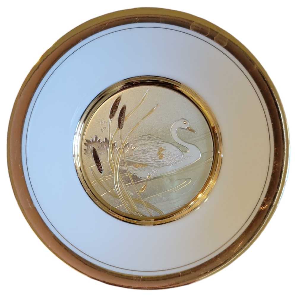 Vtg Art Of Chokin Decorative Plate 24K Gold Accents Swan Cattails Japan 6"